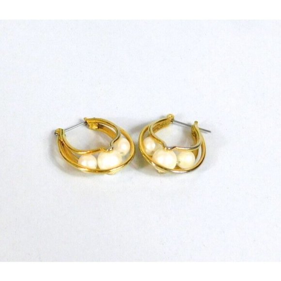 Faux Pearl Triple Wire Hoop Gold Tone Earrings Hinged Closure Pierced Ears - Picture 8 of 9